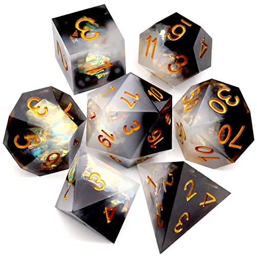 Haxtec Sharp Edge Dice Set DND Dice Black and White Resin Dice Iridecent Mylar Galaxy D&D Dice for RPG Role Playing Compatible with Dungeons and Dragons Gift - color: Black White