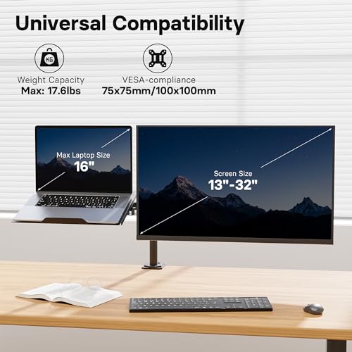 Redbat Monitor and Laptop Mount Stand, Fully Adjustable Monitor Arm with Vented Tray for 13" to 32" LCD Screens and Notebook up to 16", Holds up to 22lbs, VESA Compatible, Dual Mounting Options | Fully Adjustable Monitor Arm with Vented Tray for LCD Scree
