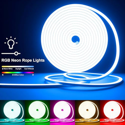Cozylady 12M(2 Roll 6M) RGB Neon Lights LED Rope Light,40ft Waterproof Bluetooth APP Remote Control Music Sync Strip Light,24V Flexible DIY Silicone Light for Bedroom Home Indoor Outdoor Decor(40ft) - size: 40 ft