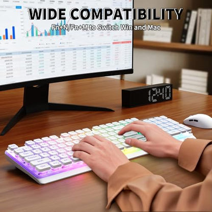 ZIYOU LANG M104 RGB Wireless Keyboard, Low-Profile Silent Membrane Keys, 2.4G Bluetooth USB Wired, Spill-Resistant, Rechargeable Full-Size 104-Key Keyboard for PC Mac, White - color: White