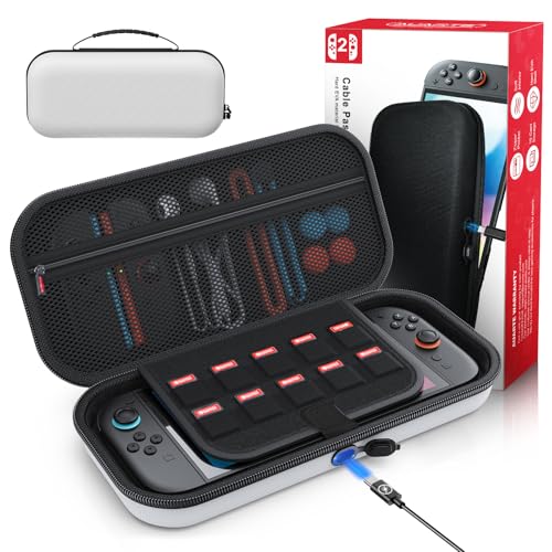 Auarte [Charge Inside Carrying Case for Switch 2 Console (2025)/OLED-White | Slim Hard Portable Travel Carry Case Bag for Switch 2 Accessories with 10 Game Card Storage - color: White