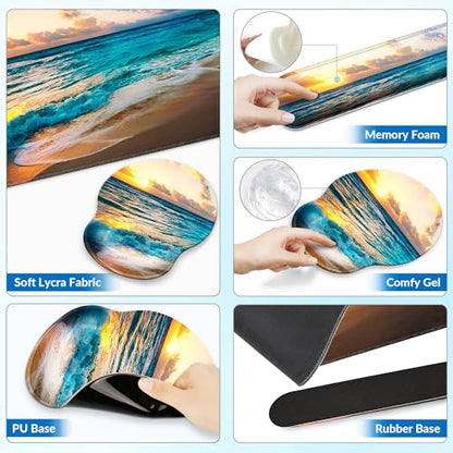 Desk Mat Set Keyboard and Mouse Pad with Wrist Rest Support | Ergonomic,Pain Relief, 4-in-1 Large Big Mousepad Computer Mats,Desk Pad Matt Mats for Desktop Home & Office - color: J-Sunset Sea