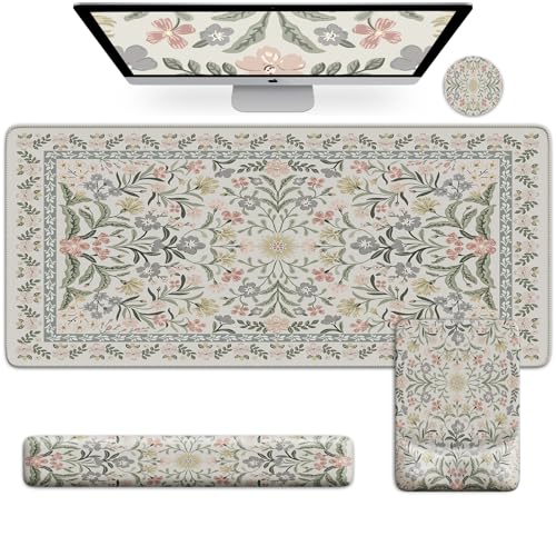 iCasso Mouse Pad with Wrist Rest,Ergonomic Large Desk Mat Set, Gray | Keyboard Pad with Wrist Support, Non-Slip Mouse Mat for Women, Cute Floral Computer Mat for Home Office Gaming - color: Gray