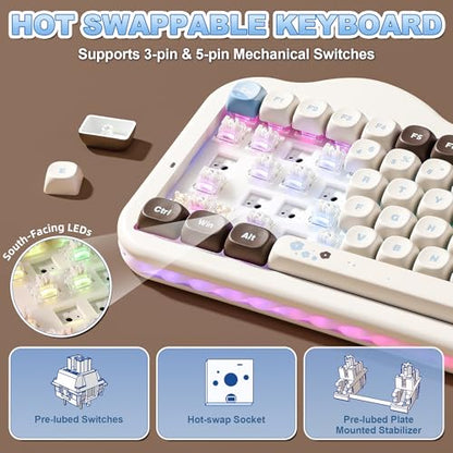 YUNZII C75 Wireless Mechanical Keyboard, 75% Layout, Hot-Swappable NKRO, BT5.0/2.4G/USB-C Mode, Dye-Sub PBT MOA Keycaps, RGB Gasket Mount, Cute Cake Design for Mac/Win/Gaming (Choco, Milk V2 Switch) - color: Choco, size: Milk V2 Switch