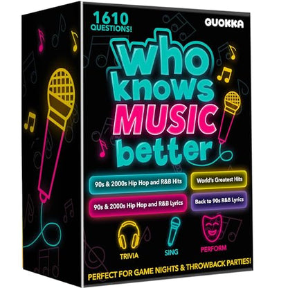 Quokka Who Knows Music Better? 1610 Music Trivia Questions – 4 Pack Ultimate Music Game Box – Singing, Karaoke, Party Games for Adults Families, Fun Music Challenge for 90s & 2000s Fans & Game Nights - color: Music Set