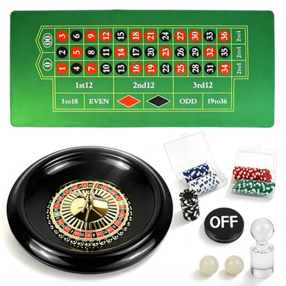 Casino Night Complete Game Set Include 16'' Green Roulette Wheel 35" X 16" Rubber Tabletop Layout Mat, 100 Chips Dealer Button Win Marker Casino Game Sets Gift Ideas