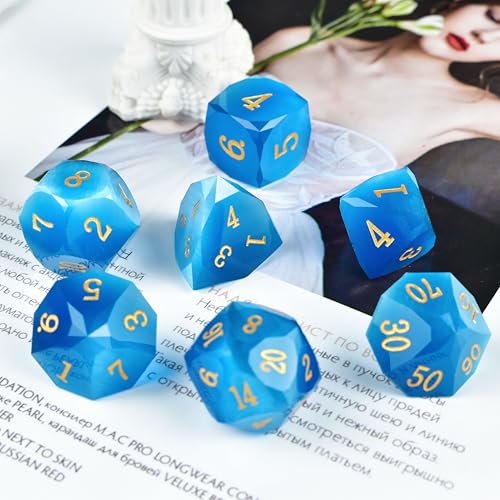 Prism Gemstone DND Dice Set, 7-Piece MultiFaceted Diamond-Cut Glass Dice for Dungeons and Dragons, Crystal Glass Gem Dice Set with Gift Metal Box for Dungeons and Dragons MTG Role Playing Games - color: Pm-light Blue Cat Eye