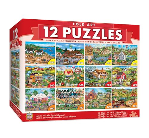 MasterPieces – Jigsaw Puzzle 12-Pack Bundle Set, Fun for Adults and Family, Folk Art Collection, (4) Round 100 Piece, (4) 300 Piece, (4) 500 Pieces - style: Folk Art
