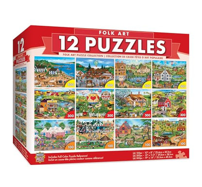 MasterPieces – Jigsaw Puzzle 12-Pack Bundle Set, Fun for Adults and Family, Folk Art Collection, (4) Round 100 Piece, (4) 300 Piece, (4) 500 Pieces - style: Folk Art