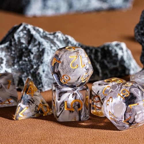 UDIXI 7PCS DND Dice Set, Resin Polyhedral D&D Dice for Role Playing Games | Black White Colors, Dreamy Effect, Velvet Dice Bag Packaging, for Dungeons and Dragons Role Playing Games and Tabletop Games - color: S-black and White