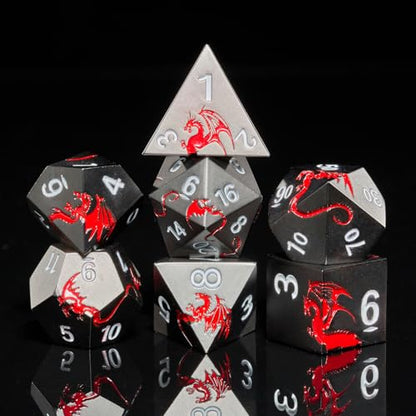 Metal Dice Set,7-Piece Zinc Alloy Dragon DND Dice,Black Red | Complete polyhedral dragon dice set with easy-to-read numbers and a magnetic gift box for DND players and collectors. - color: Black With Red