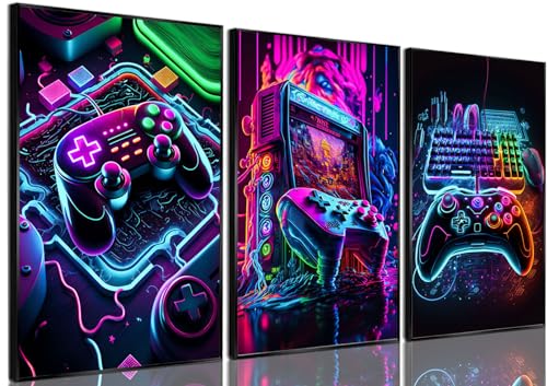 BGFCE Game Room Decor Posters Set of 3 - Neon Gaming Accessories Theme Canvas Wall Art, Gamer Console Paintings Picture Wall Decor for Children Youth Boys Bedroom 12x16 inch Unframed - color: Purple Cool Game Posters, size: 16L" x 12W"