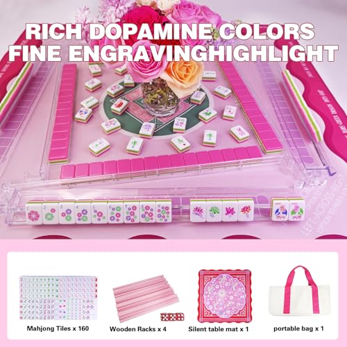 American Mahjong Game Set, Portable Carrying Bag,Acrylic 160 Tiles,Western Mahjong Tiles Set,Complete Ma Jong Set (Pink) - color: Pink