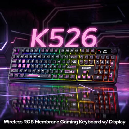 Redragon K526 PRO RGB Wireless Membrane Gaming Keyboard, 104 Keys Mechanical-Feel Keyboard w/LED Info Display, Media/Backlit Knob Control, Smooth Linear Switch & Software Supported - color: Black & Purple