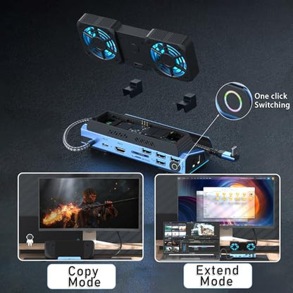14-in-1 Docking Station for Steam Deck, ROG Ally X & Legion Go, Dual Cooling Fan USB C Docking Station with HDMI 4K 60Hz, 1000Mbps, 4*USB 3.0, USB C 100W PD, SD TF Slot