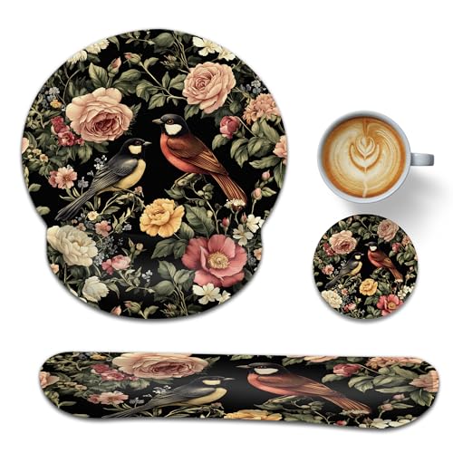 Vintage Rose Peony Floral Keyboard Wrist Rest Pad Ergonomic Mouse Pad Set,Bird 3 in 1 Memory Foam Mouse Pad with Non Slip Base for Office and Home - color: Vintage Rose Peony Floral Bird