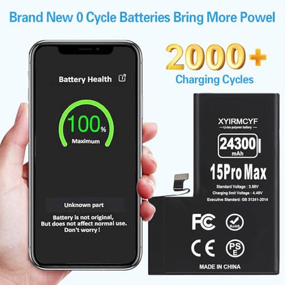 XYIRMCYF 24300mAh Super Capacity Battery Compatible with iPhone 15 Pro Max, 0 Cycle Li-Polymer Replacement Battery for iPhone 15 Pro Max, with Professional Repair Tool Kit - color: 15Promax-24300