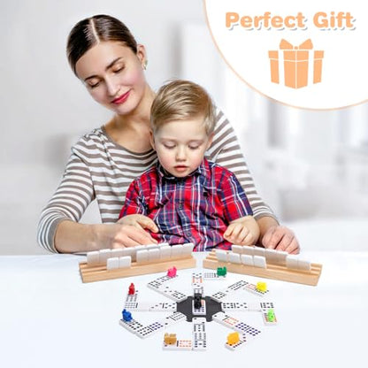 Mexican Train Double 12 Dominoes Set - 91 Tiles with 4 Wooden Trays & Travel Case, Family Board Game for Adults Kids Party Travel - style: 4 Tiles Holders, 91 Tiles Double 12 Dominoes Game Set
