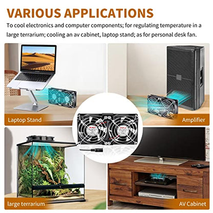 Wathai 80mm x 2 Computer Fan with AC Plug Variable Speed Controller | Dual Ball Big Airflow AC 110V 120V for PlayStation Router Laptop PC Receiver DVR Xbox Modem AV Cabinet Electronics Cooling