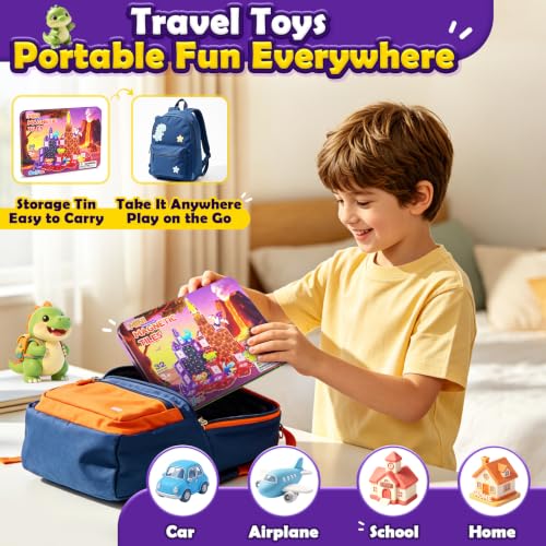 Mini Magnetic Tiles Dinosaur Volcano Set, Magnetic Blocks with 6 Dinosaurs | Road Trip Essentials for Car & Airplane Magnet Tiles STEM Construction Building Toys, Gifts & Toys for Boys Girls Ages 3-12 - size: Dinosaur Set