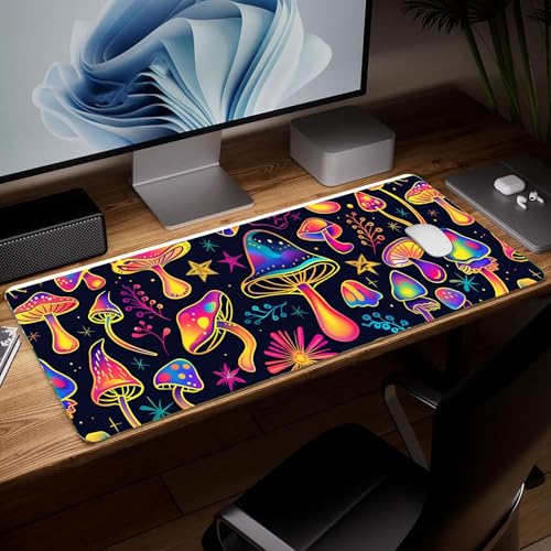 Leather Mushroom Desk Pad, Colorful Art Mouse Pad Large Computer Keyboard Gaming Mousepad Waterproof Desktop Protector & Cover, Decorative PU Leather Laptop Mouse Mat Home Decor 10 x 25.6 inch C49 - color: colorful-12