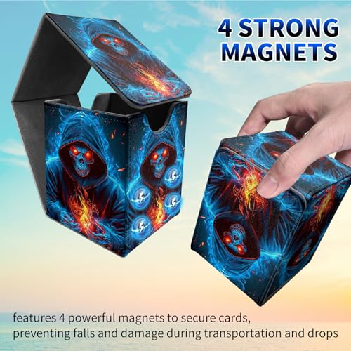 Blue Flame Skull Card Deck Box, MTG Commander Deck Box Card Deck Case for Trading Cards, 100+ Sleeved Cards with PU Leather Magnetic Card Storage Box for TCG CCG Magic Cards - color: Card Deck Box-592
