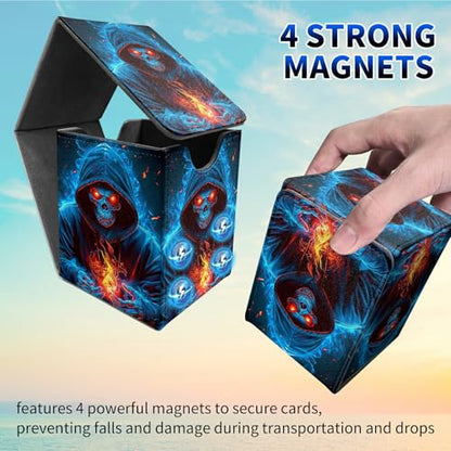 Blue Flame Skull Card Deck Box, MTG Commander Deck Box Card Deck Case for Trading Cards, 100+ Sleeved Cards with PU Leather Magnetic Card Storage Box for TCG CCG Magic Cards - color: Card Deck Box-592