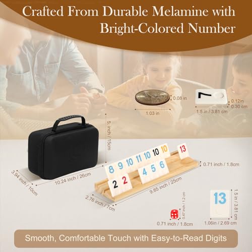 2-4 Players Rummy Game Gifts for Men Women Father Mother, Rummy Game with 4 Wooden Racks, 106 Melamine Tiles, Drawstring Bag, Portable Case, Family Board Games for Adults & Kids Age 8+