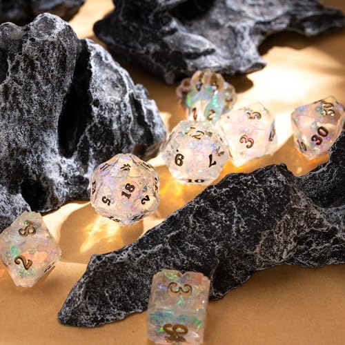 Cusdie Sharp Edge DND Dice, 7 PCS Shamrock DND Dice Set D&D D20 D12 D10 D8 D6 D4, Handcrafted Polyhedral Dice Set for RPG and Other Table Games(Transparent) - color: Transparent