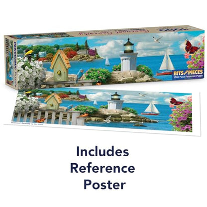 Bits and Pieces 1000 Piece Panoramic Puzzle - Seacoast Serenity - Large 13" x 38" Jigsaw Puzzles for Adults 1000 Pieces Seascape Ocean Lighthouse Birds, No 2 Pieces Alike - size: 1000 Piece Puzzle
