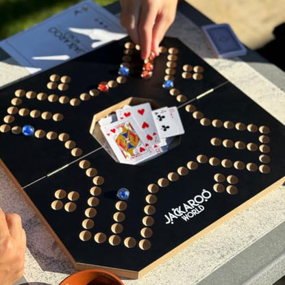 Jackaroo Board Game, 2-4 Player Jokers and Marbles Board Game, Solid Wooden Game with 16 Glass Marbles and 52 Cards, Marble Chase Game, Card and Marble Game, Foldable Board with Carry Bag (Black) - color: Black
