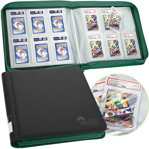 FunGuys Graded Card Binder, 60 PSA Slab Holder, 6 Pocket Graded Card Storage, Slab Binder, PSA Card Graded Display Case Album, Zipper, MTG Card Collection Binder - color: Black and Green