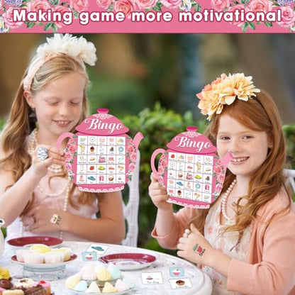 39Pcs Tea Party Bingo Game for Adults 24 Players Floral Teapot Shape Bingo Cards with Reward Stickers for Family Friend Student Large Group Activities Garden Bridal Wedding Holiday Party Favors - style: Tea