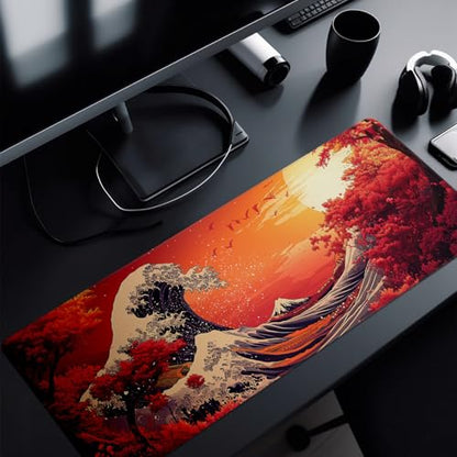 Red Japanese Sea Wave Mouse Pad Abstract Red Mouse Pad 31.5x11.8 Inch Texture Non-Slip Rubber Base Large Mousepad Stitched Edges Keyboard Mouse Mat Desk Pad for Office and Home - color: Red Japanese Sea Wave