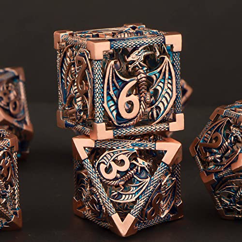 KERWELLSI Hollow DND Dice Set D&D with Gifts Box, 7pcs Polyhedral Metal D and D Dice for Role Playing Game, Dungeon Dragon Dice D20 D12 D10 D8 D6 D4 (Gold Blue) - color: Gold Blue
