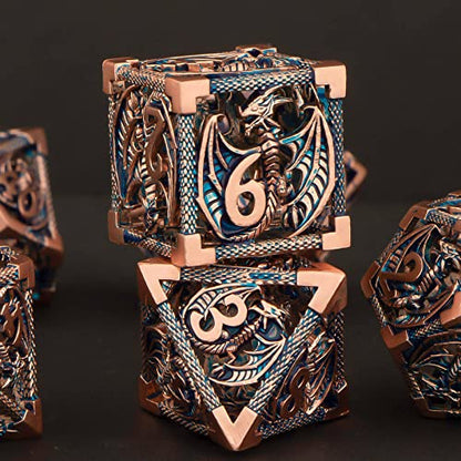 KERWELLSI Hollow DND Dice Set D&D with Gifts Box, 7pcs Polyhedral Metal D and D Dice for Role Playing Game, Dungeon Dragon Dice D20 D12 D10 D8 D6 D4 (Gold Blue) - color: Gold Blue