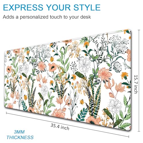 XXL Waterproof Office Desk Pad Protector 35.4x15.7 Inch - Extended Gaming Mouse Pad with Non-Slip Rubber Base, Thickened Keyboard Mat, Stitched Edges & Floral Flowers Design - color: Red