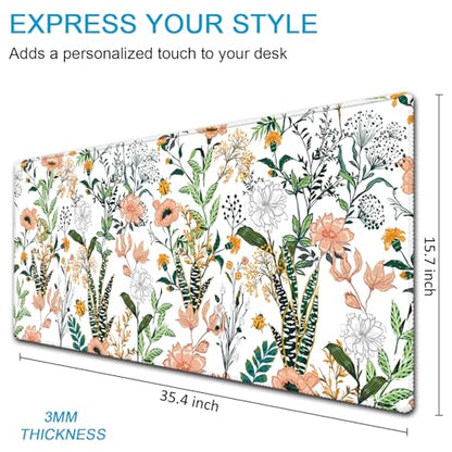 XXL Waterproof Office Desk Pad Protector 35.4x15.7 Inch - Extended Gaming Mouse Pad with Non-Slip Rubber Base, Thickened Keyboard Mat, Stitched Edges & Floral Flowers Design - color: Red