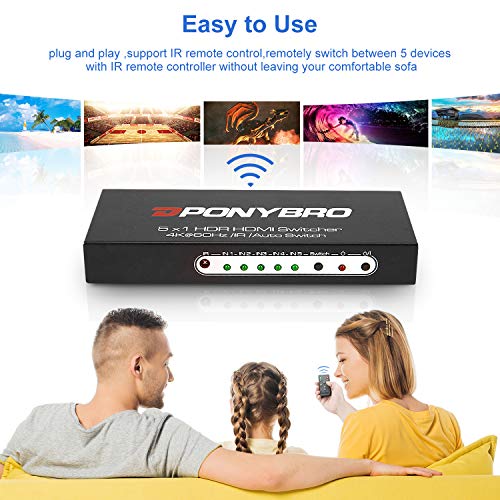 HDMI 2.0 Switch 5 Port 4K@60Hz Auto-Switching – 5 in 1 Out with Remote, HDR10, 3D, Ultra HD for PS5/Xbox/PC/Fire TV, Zero Delay