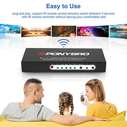 HDMI 2.0 Switch 5 Port 4K@60Hz Auto-Switching – 5 in 1 Out with Remote, HDR10, 3D, Ultra HD for PS5/Xbox/PC/Fire TV, Zero Delay