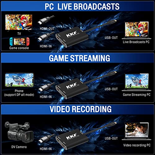 Kkf Capture Card, USB-C 3.0, Black, 1080P60, 4K HDMI Capture Card for Streaming and Recording PS5 PS4 Xbox Series X/S Nintendo Switch, Lag-Free Pass-Through, Windows, Mac OS, Linux Compatible