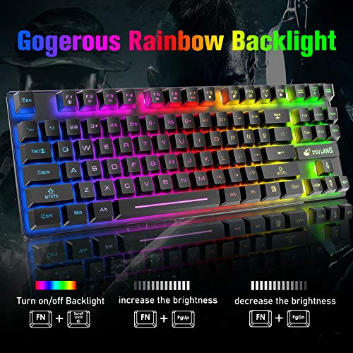 Wireless Membrane Gaming Keyboard and Mouse Set with 87Key Tenkeyless-Black | Rainbow LED Backlight,Rechargeable 3800mAh Battery,Anti-ghosting,Ergonomic,Waterproof,RGB Mute Mice for Computer PC Mac Gamer - color: Black
