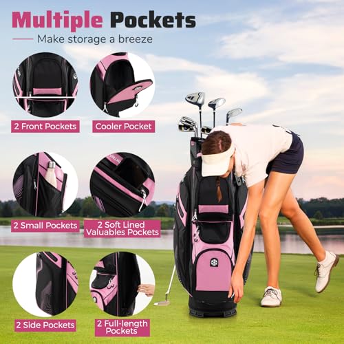 Goplus Lightweight Golf Cart Bag, Molded Lock Top Golf Club Bag w/14-Way Full Length Organizer Dividers, 11 Pockets, Cooler Bag, Straps, Umbrella Holder & Rain Hood for Men Women - color: Black+Pink