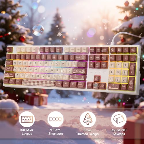 Redragon K668 108-Key Hot-Swap Wired RGB Gaming Keyboard, Extra 4 Hotkeys | Dedicated Shortcut Keys for Mute, Calc & Desktop, Cushioned Noise Dampening for Creamy Thocky Sound, Swap-Ready, PRO Software - color: Gingerbread Man