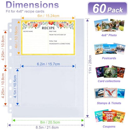 60 Pack 240 Pockets 4x6 Recipe Card Sleeves,3 Ring Binder Recipe Card Protector Pages,Double Sided 2 Pocket Refill Sheets for Recipe Book, 8.5x11 Inch Top Loading Clear Sleeve Sheets - color: 60 Pcs Sleeves