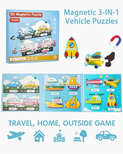 Magnetic Puzzles for Toddlers 1-3, Travel Puzzles Games for Kids Ages 1 2 3 4 5, Traffic Car Activities Toy Jigsaw Puzzles Book for Boys & Girls 3-5 2-4, Learning Magnet Gift for Road Trip (Vehicle) - style: Vehicle