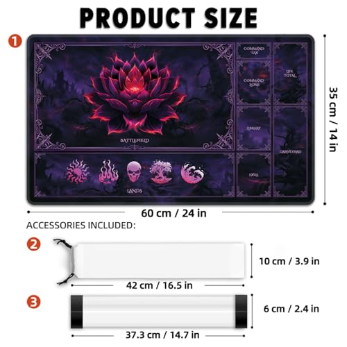 MTG Playmat with Zones – Lotus Sketch 24x14 Card Game Mat for Magic The Gathering, Stitched Edge, Non-Slip Rubber Base with Prismatic Playmat Tube – Dark Blood Lotus - color: Crimson Lotus