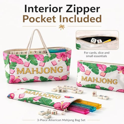 3 Pcs Empty American Mahjong Bags for Tiles and Racks and Mat, Pink Tropical Mahjong Carrying Tote with Zipper Tile Pouch and Rack Sleeve, Thickened Canvas Storage Bag, Case Only - color: Pink Tropical