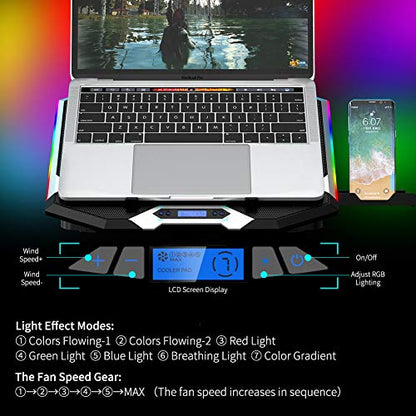 ICE COOREL Gaming Laptop Cooling Pad 15-17.3 Inch, Laptop Fan with 6 RGB Cooling Fans, Laptop Cooling Stand with 6 Height Adjustable, Laptop Cooler with LCD Screen, 2 USB Ports, Phone Stand - size: 6 Fans