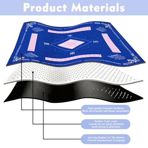 Chinoiserie Mahjong Mat with Rules for Table-31.5''x31.5'' Floral American Mahjong Mat Anti-Slip Neoprene Rubber Noise Reducing,Foldable Travel Game Tablecloth for Poker Card Board Games Dominoes - color: Blue Flower